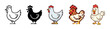 © Karina - Five different chicken illustrations showcasing various artistic styles including outline, silhouette, cartoon, pixel art, and a friendly character design.