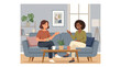 © Fick - Two women engage in conversation on a sofa in a living room with a coffee table