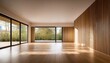 © Stephanie - modern empty interior space featuring a wood slat accent wall hardwood floors and large windows that offer natural light clean and minimalist design