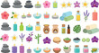 © ALOMGIR - Spa wellness and relaxation beauty care icon elements set featuring aromatic candles tropical flowers hot stones massage oil bundle