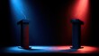 © Muzammil - Two empty podiums await speakers under dramatic red and blue spotlights