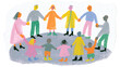 © SirArbusto - Diverse Circle of Unity: A vibrant illustration depicts a diverse group of people, including children and adults of various ethnicities and ages, holding hands in a circle, symbolizing community.