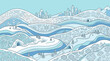 © ARA - Eine wunderschöne, handgezeichnete Winterlandschaft mit verschneiten Hügeln, Eiskristallen, Tannenbäumen und einem magischen Schloss im Hintergrund in einem dekorativen Stil.
