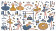 © ARA - Ein umfangreiches Set mit handgezeichneten Illustrationen von Ballerinas, Tutus, Ballettschuhen und Tanzzubehör in einem eleganten, künstlerischen Stil auf weißem Hintergrund.