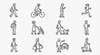 © Adul - Clean Black and White Line Drawing Icons of Various Pedestrian and Mobility Activities with high quality professional line art symbols for modern creative design and digital branding projects