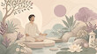 © Risa - Man Meditating in Serene Zen Garden with Water Feature and Lush Greenery for Wellness and Lifestyle Concepts