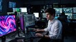 © Panuwat - Young man sitting front computer monitor Cybersecurity analyst monitoring multiple high-tech data screens in a dark