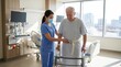 © wrudolf - Patient Supported by a Nurse Using a Gait Belt and Walker for Rehabilitation Walking in a Modern Hospital