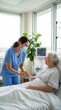 © wrudolf - Caring Nurse Offers Comforting Hand to Smiling Elderly Patient in a Bright Hospital Room