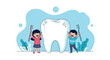 © Biz Flare - Happy children holding toothbrushes next to a giant clean tooth to promote dental health and proper brushing habits.