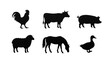 © Awi - Silhouette collection featuring six diverse farm animals including a rooster cow pig sheep horse and duck rendered in solid black shapes arranged in a neat grid layout on transparent background.