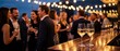 © itlada - White wine glasses on a wooden bar counter in sharp focus against a blurred background of elegant people mingling under warm string lights at a corporate networking event or evening party
