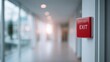© timitinej - A red fire exit alarm sign is mounted on a security door in a corporate hallway. The sign features clean typography and emphasizes the importance of safety and exit instructions