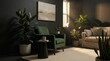© boztaga - Moody mental wellness office with deep green armchair, charcoal wall, narrow sunbeam, indoor plants, side table and neutral sofa for intimate reflection and contemplative support sessions room