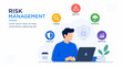© StudioPixel2 - Risk Management Vector Banner with business professional, cybersecurity shield and workflow process icons for assessment, protection, monitoring and mitigation. Risk Management Infographic