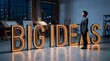 © AI-Universe - Young woman in blazer gazes upward beside glowing big ideas neon letters in studio