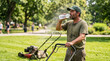 © Arra Vais - Gardener drinking water, taking break from mowing. Diligent gardener drinking water in hot park, maintaining hydration. Scene shows gardener drinking water, vital for energy
