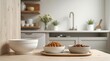 © Leonardo - Elegante estación de alimentación con cuencos de cerámica y soporte de madera, con artículos para mascotas ordenadamente guardados en una cocina moderna