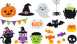 © MANVIK - Cute Halloween vector element set, spooky cartoon characters and icons, flat holiday clip art collection for children party invitations and decor