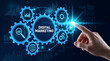 © Me Faqih - Digital Marketing Business Concept with Virtual Interface and Data Analytics Gears - Hand Pointing to Innovative Online Strategy and Growth Visualization