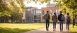 © Sadia - Four university students walking along a paved path away from camera on a college campus with modern buildings with buildings trees background