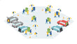 © Arno - Isometric view of individuals carrying green barrels between vehicles in a rainy parking lot with traffic cones and colorful umbrellas.