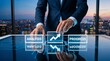 © Add Win - Futuristic business analytics interface glowing on a desk displaying analysis and progress tracking metrics operated by a professional executive for corporate strategy and growth optimization