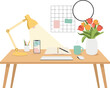© sakhina - Cozy wooden workspace desk vector illustration with yellow desk lamp light, open notebook, smartphone, coffee cup, mood board, and beautiful tulip flower vase.