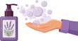 © Rumi - Hand washing vector illustration featuring liquid lavender soap dispenser bottle pouring purple foam bubbles onto an open human hand isolated on white background.