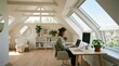 © SimpleLife Stock - Woman working on a laptop in a bright attic home office with large windows