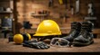 © Zaiseefa - A collection of industrial safety gear including a yellow hard hat, boots, gloves, and goggles.
