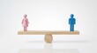 © BZXO - Minimalist concept of gender equality with male and female symbols balanced on a wooden seesaw.
