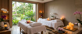 Luxury spa massage room with two therapy tables and view of tropical garden. Relaxation area for wellness treatment, calm environment with candles and orchid flower for recreation.