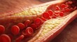 © Sukon - Red blood cells flowing through an artery constricted by yellow cholesterol plaque.