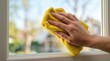 © Sukon - Close-up shot of a hand wiping a glass window with a yellow microfiber cloth.