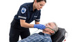 © firdol - Female Paramedic Administering Oxygen to Senior Male Patient on Stretcher Isolated