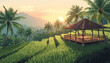 © Joko - Lush vector rice terrace resort scene with gazebo, palms, bright sun, and tropical mountains for eco travel marketing, hospitality visuals, retreat ads, and posters