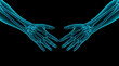 © Nur - X-ray image of two human arms with hands reaching towards each other in a medical setting showing bones.