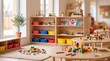 © Rhallyson - A bright, colorful, and organized preschool or kindergarten classroom interior with wooden shelves, educational toys, children's drawings, and small tables.