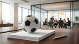 Soccer ball on paperwork in a modern corporate office boardroom