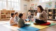 © Luz - A happy female teacher reading an illustrated book to a diverse group of multi-ethnic toddlers sitting on a colorful floor mat in a bright preschool classroom.
