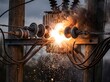© olga - An electrical transformer exploding with sparks and fire on a utility pole. The damage to the equipment is extensive and suggests a dangerous malfunction