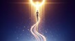 © Outhay - A radiant celestial silhouette with a flowing aura rises toward a brilliant golden portal, surrounded by shimmering rays of divine light, rays, cosmic, golden