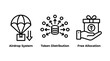 © Md - Airdrop system token distribution and free gift allocation icons with distribution allocation blockchain marketing promotion parachuted database business transfer strategy campaign giveaway