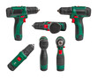 © Baurzhan I - Set of modern cordless electric screwdrivers and power drills isolated on a clean white background, professional construction and DIY hand tools.