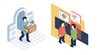 © Benedict - Isometric depiction of a man leaving office with a cardboard box alongside colleagues arguing over financial matters.