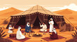 © Oskars - Traditional gathering of Arab men drinking tea, smoking shisha, and playing music inside a large desert tent.