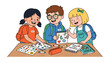 © Nusaybah - Creative Classroom Collaboration: Three happy elementary school students, two girls and one boy, enthusiastically engaged in a fun art activity at a wooden table.