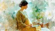 © rita - Pregnant woman in yellow dress using tablet watercolor art