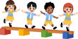 © ren - Diverse students balancing on a wooden beam in school uniforms, vector illustration for primary education and child development